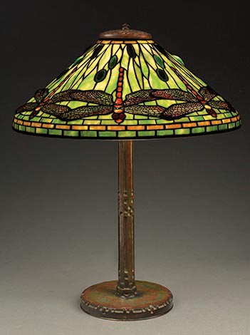 LOT #2255: TIFFANY STUDIOS DRAGONFLY LEADED GLASS TABLE LAMP.